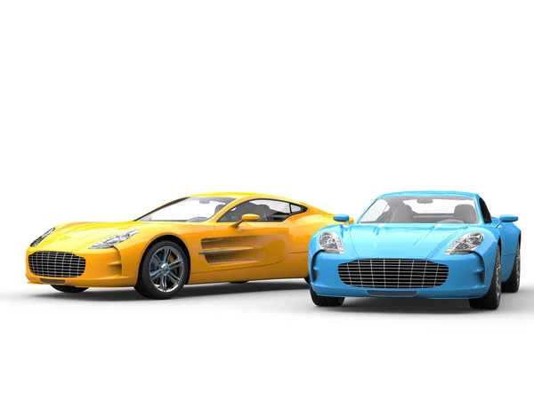 Modern sportscars side by side - blue and yellow — Stock Photo, Image