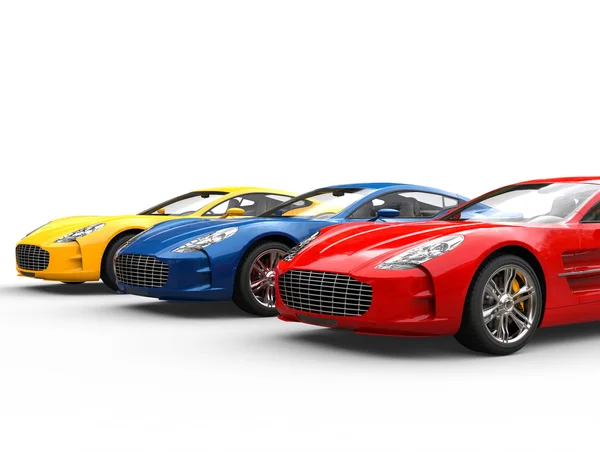 Três carros esportivos modernos - cores primárias — Fotografia de Stock