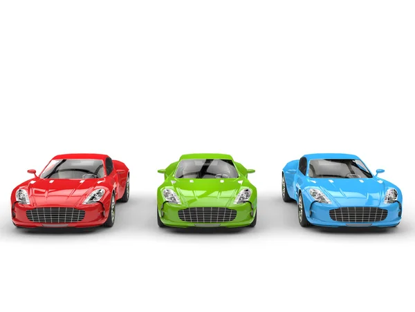 Piękne samochody sportowe - czerwony, zielony i niebieski — Zdjęcie stockowe