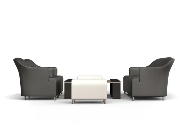 Сучасний диван і два крісла з двома пуфами і невеликими журнальними столиками між ними — стокове фото