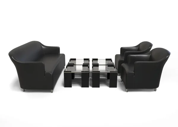 Fekete modern kanapé, két fekete fotelek, és dohányzóasztal — Stock Fotó