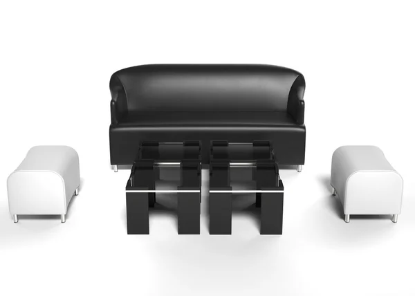 Arredo soggiorno - divano in pelle nera con pouf e tavolini bianchi — Foto Stock