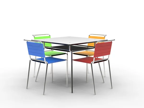 Witte tafel met kleurrijke stoelen — Stockfoto