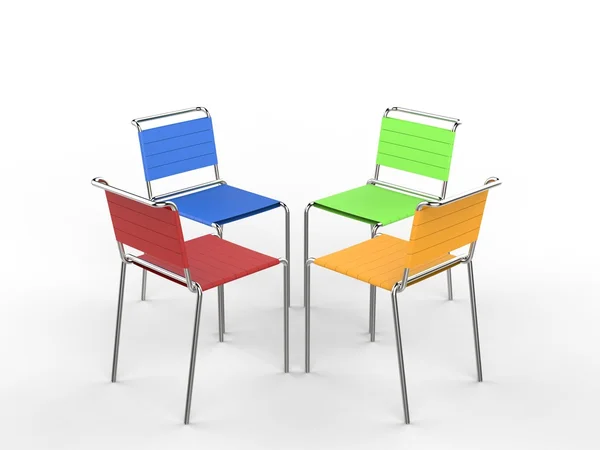 Four colorful chairs with cloth straps - on white background — Stock Photo, Image