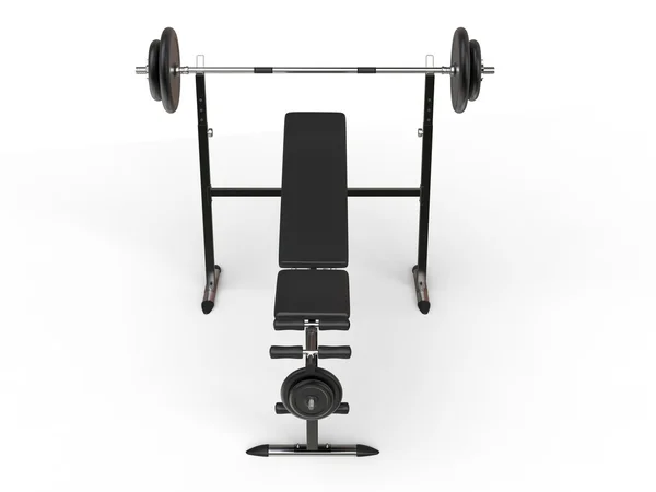 Incline gym bench with barbell weight and additional weight plates - top front view — Stock Photo, Image