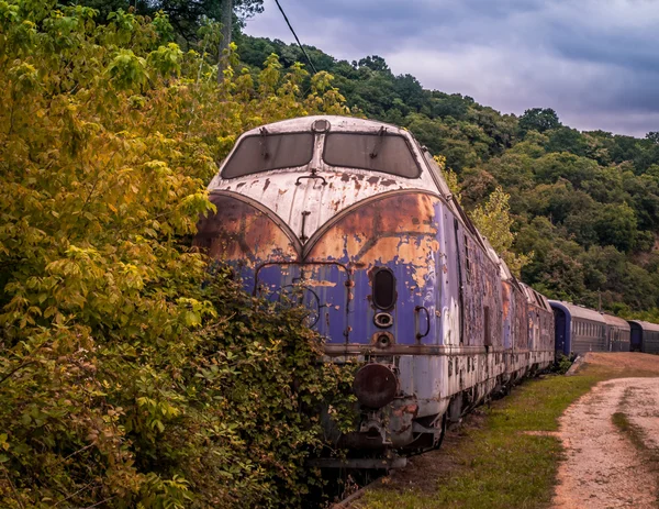 Belo trem azul vintage abandonado pela floresta — Fotografia de Stock