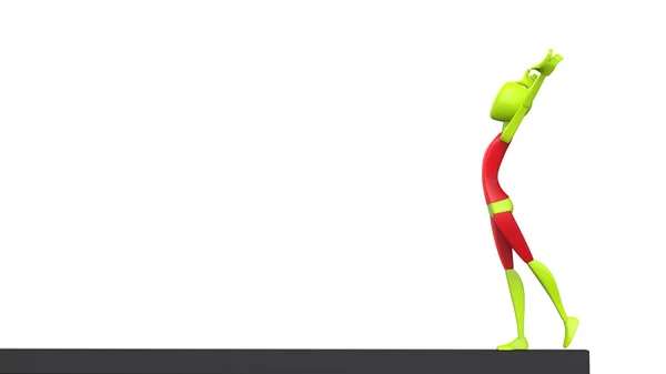 Γυμναστής - κόκκινη και πράσινη στολή - δοκού ισορροπίας - πλάνο πλευρά — Φωτογραφία Αρχείου