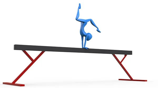 Blue gymnast performing a tuck flip on balance beam — Stock Photo, Image