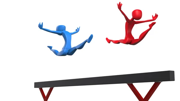 Två gymnaster gör en split leap - skoparmen disciplin — Stockfoto