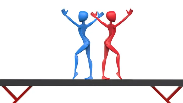 Gimnastas rojos y azules saludo espalda con espalda - haz de equilibrio — Foto de Stock