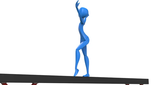 Blauwe gymnast op de evenwichtsbalk - salute staan — Stockfoto