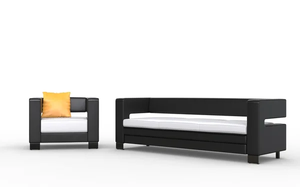 Nowoczesna sofa czarno-białe i fotel z poduszką żółty — Zdjęcie stockowe