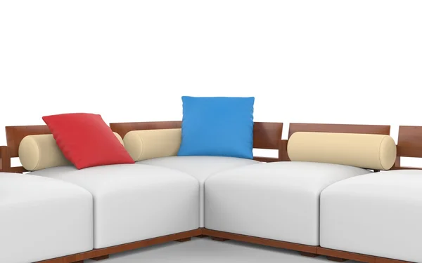 Sofá de canto com encosto de cabeça de madeira e assentos brancos — Fotografia de Stock