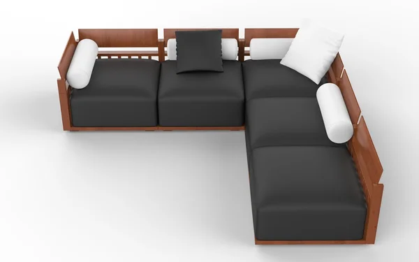 Corner sofa with wooden headrests, black seats and white pillows - top view — Stock Photo, Image