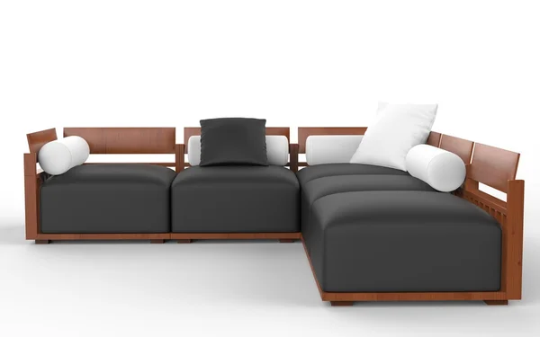 Corner sofa with wooden headrests, black seats and white pillows — Stock Photo, Image