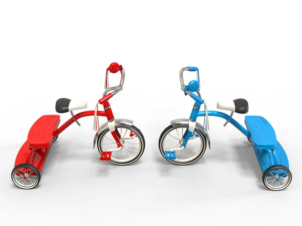 Tricycles rouges et bleus - tête à tête — Photo