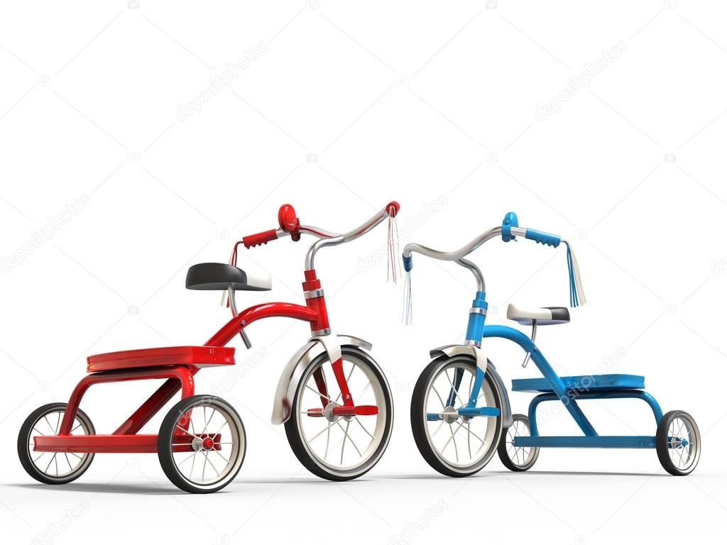 Red and blue tricycles - studio shot