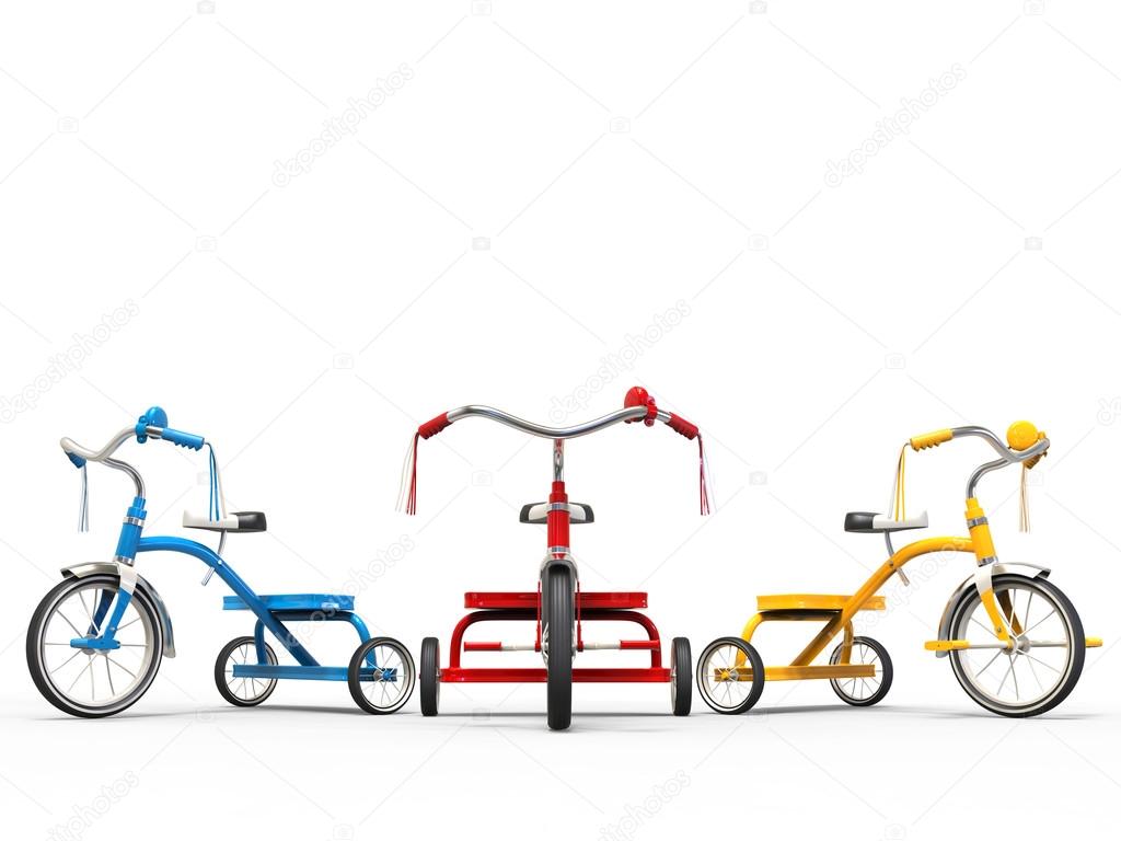 Red, blue and yellow tricycles