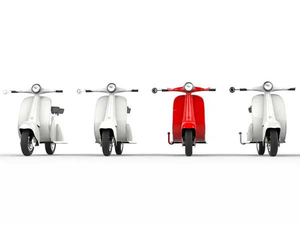 Красный скутер среди белых скутеров — стоковое фото
