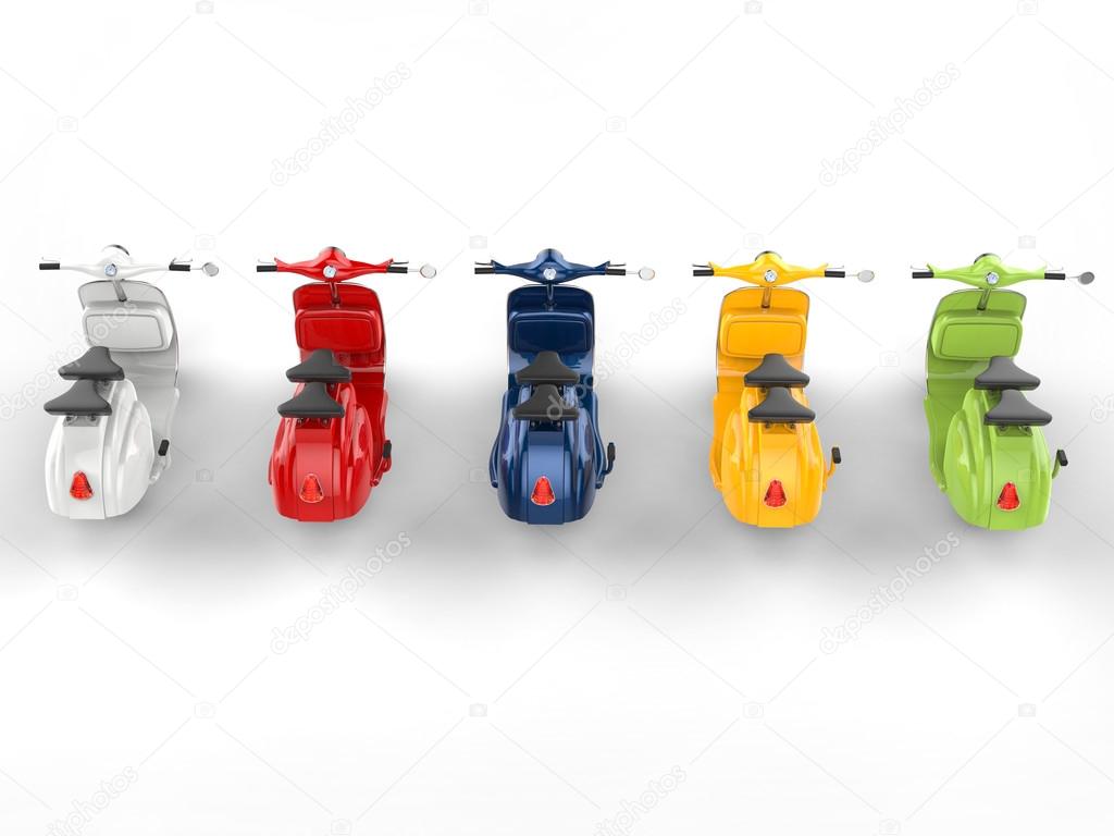 Colorful stylish vintage scooters - top rear view