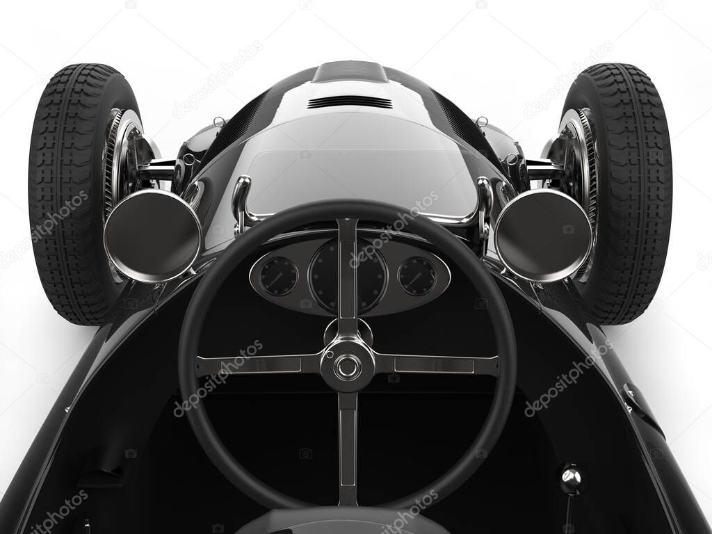 Beautiful vintage black racing sports car - view from the drivers seat