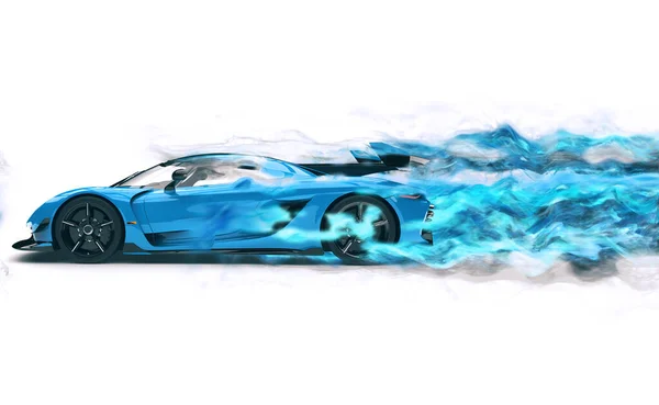 Rychlé Modré Super Auto Zanechává Stopu Červené Mlhy Větru — Stock fotografie