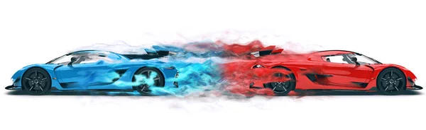 Blue Red Supercars Racing Away Each Other Leaving Trail Red — Stock Photo, Image