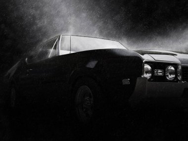 Black vintage muscle car in the rain at night clipart