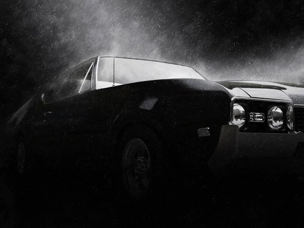 Negro Vintage Músculo Coche Lluvia Noche — Foto de Stock