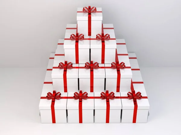 Boîtes Cadeaux Blanches Enveloppées Dans Des Rubans Rouges Empilés Vue — Photo