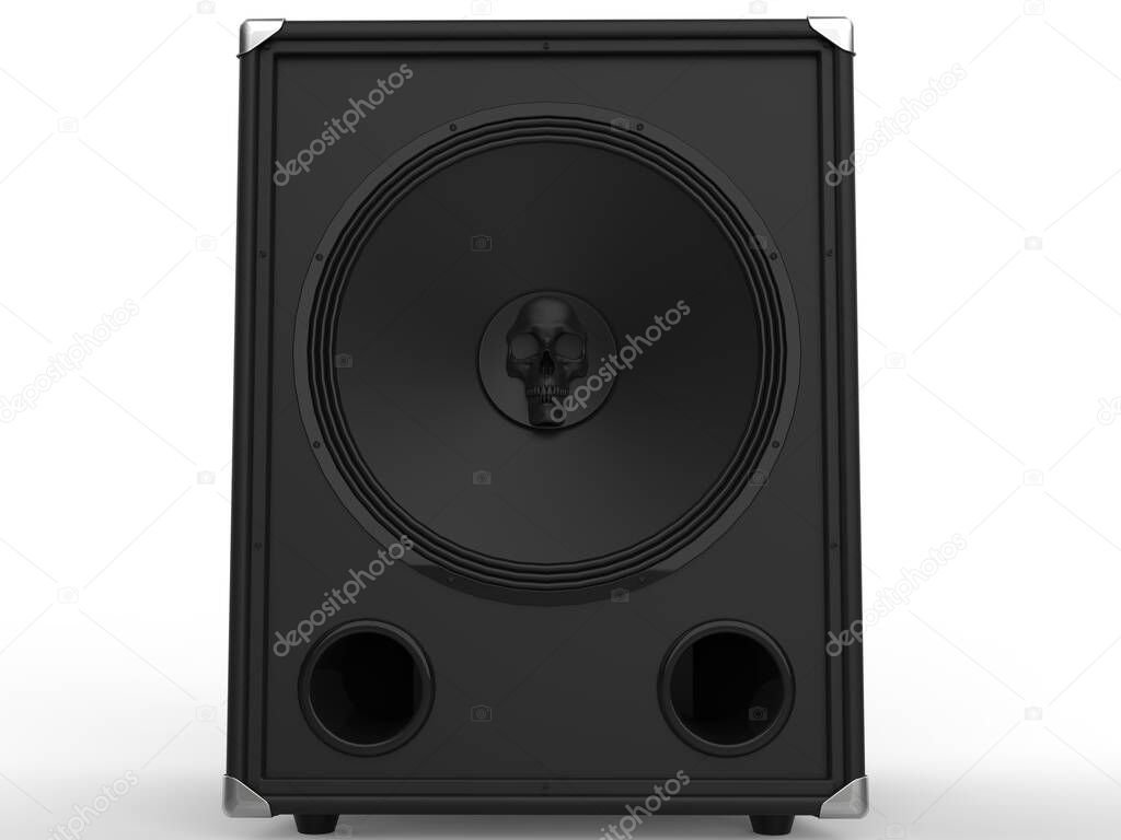 Black sub woofer speaker with a skull in the center