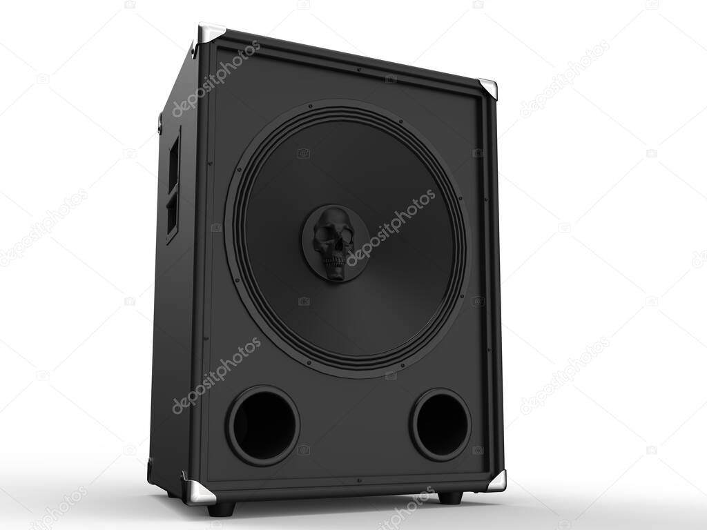 Black sub woofer speaker with a skull in the center - side view