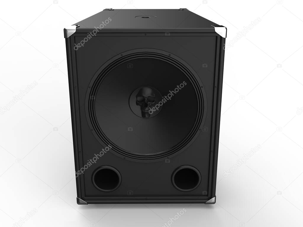 Black sub woofer speaker with a skull in the center - slight top down view