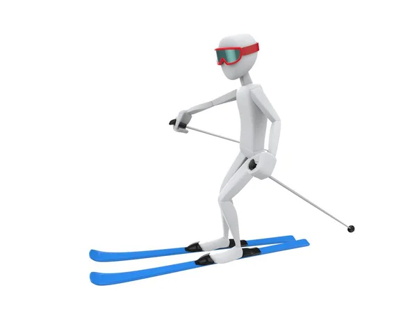 滑雪者的角色 带着红色的滑雪板和蓝色的滑雪板 稍微向侧面看了看 — 图库照片