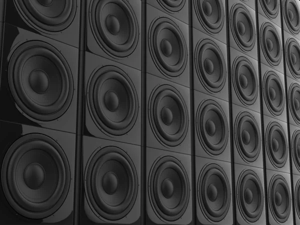 Wall of bass sub woofer sound speakers - angled shot