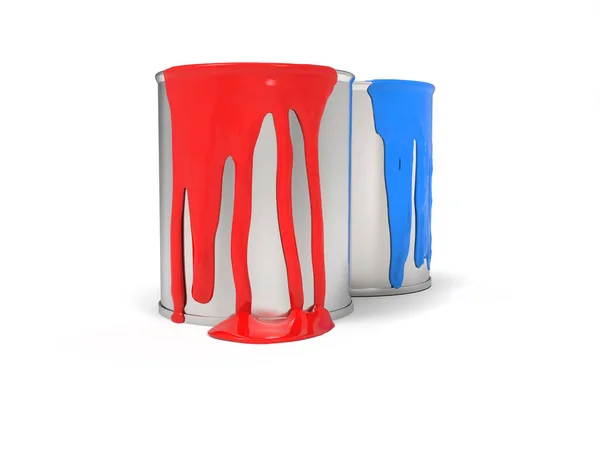 金属塗料缶から漏れる赤と青の塗料 — ストック写真