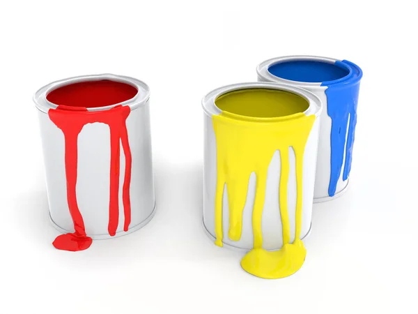 塗料缶の中の赤黄色と青の塗料 — ストック写真
