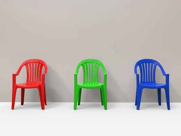 Red Green Blue Generic Plastic Chairs Wall — Stock Photo, Image