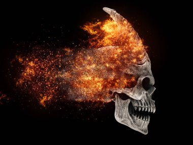 Alevler içinde boynuzları olan metal iblis kafatası - yan görüş