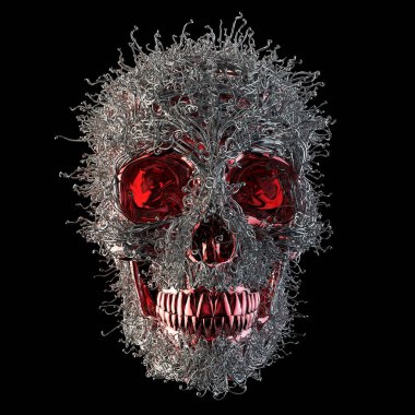 Kırmızı metal kafatası üzerinde soyut gümüş sarmaşıklar