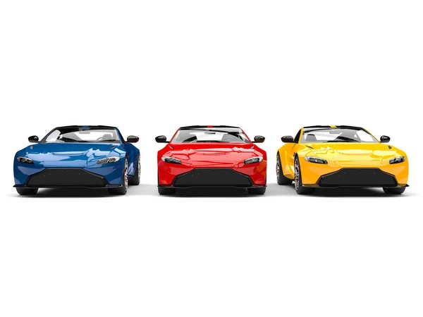 Piros Kék Sárga Modern Elektromos Sportkocsik Parkolnak Egymás Mellett — Stock Fotó