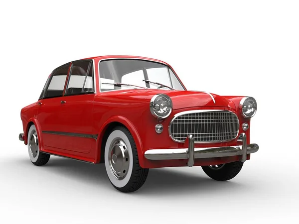 Hermoso Vintage Coche Compacto Rojo Con Neumáticos Pared Blanca — Foto de Stock