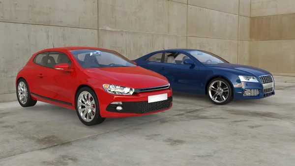 Czerwony i niebieski samochody poza — Zdjęcie stockowe