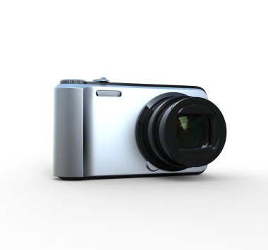 Beyaz arka plan üzerinde küçük gümüş fotoğraf makinesi