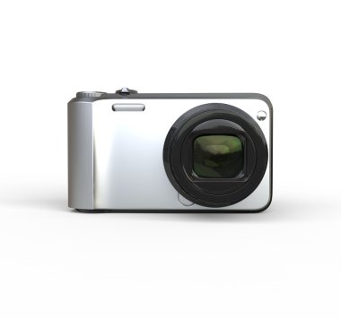 Küçük gümüş fotoğraf makinesi beyaz arka planda - Önden Görünüm