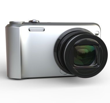 Küçük gümüş fotoğraf makinesi beyaz arka plan üzerinde yakın atış