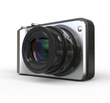 Beyaz arka plan üzerinde küçük gümüş fotoğraf makinesi