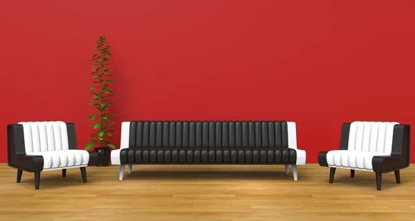 Czerwony salon z czarno-białymi meblami — Zdjęcie stockowe