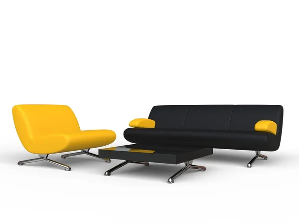Желтый и черный диван и журнальный столик — стоковое фото