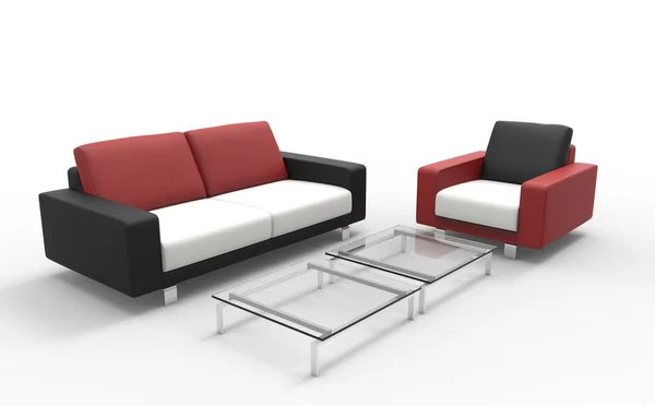 Piros fekete-fehér kanapé és dohányzóasztal — Stock Fotó